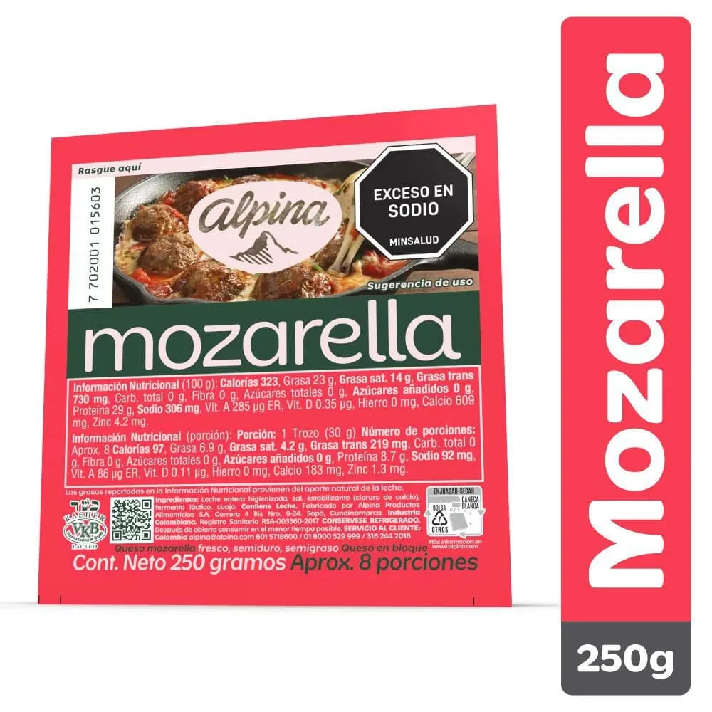 QUESO MOZARELLA ALPINA BLOQUE X 250 GR