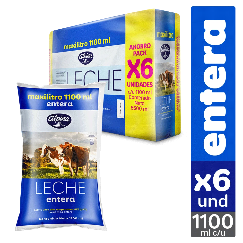 LECHE ALPINA ENTERA MAXI LITRO X 1100 ML X 6 UNDS (SIXPACK)