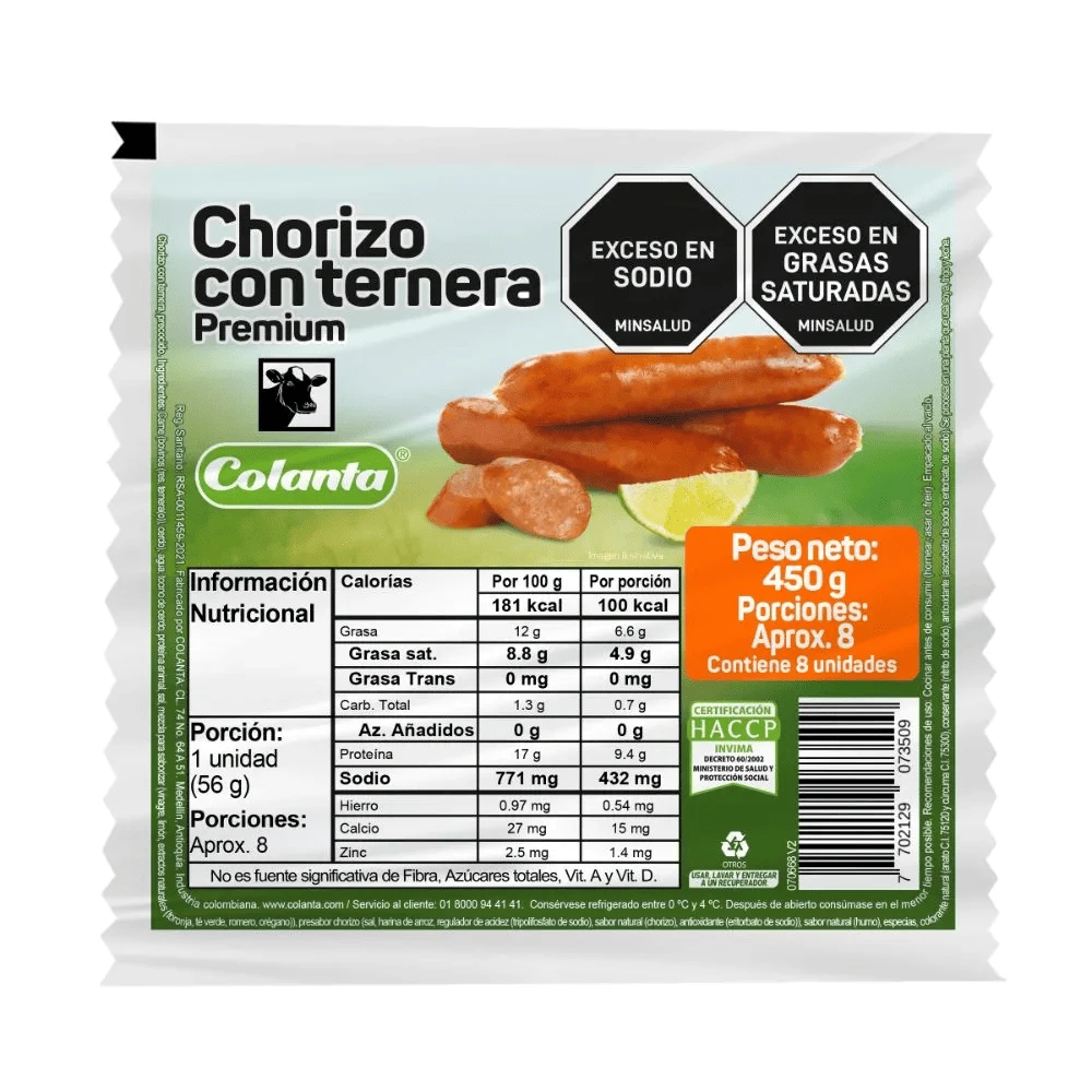 CHORIZO COLANTA TERNERA X 450 GR X 8 UNDS