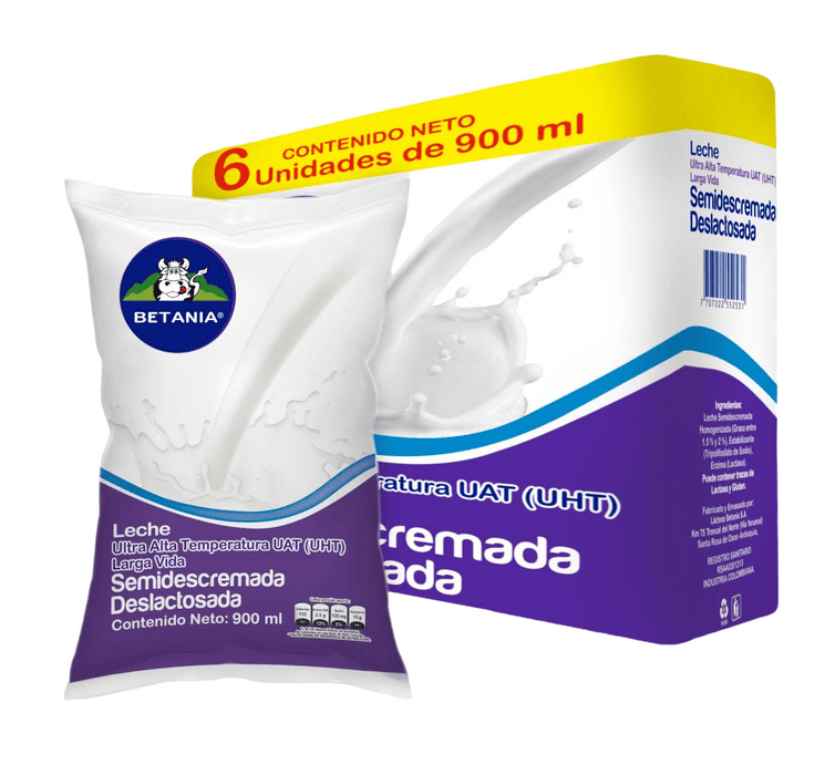 LECHE BETANIA DESLACTOSADA BOLSA X 900 ML X 6 UNDS (SIXPACK)