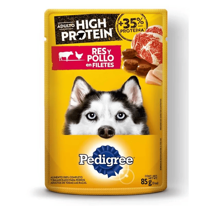 PEDIGREE POUCH HIGT PROTEIN RES/POLLO*85G